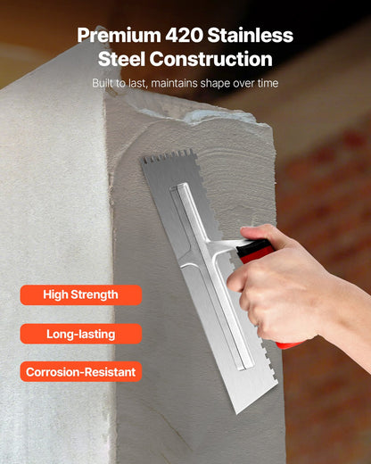 Tile Tools, Stainless Steel Squared Notch Tile and Flooring Trowel, 10.9 x 4.4 in Pro Grade Drywall Tool, Ergonomic Rubber Grip Comfort Handle, for Apply, Spread, Flatten, Smooth, Polish