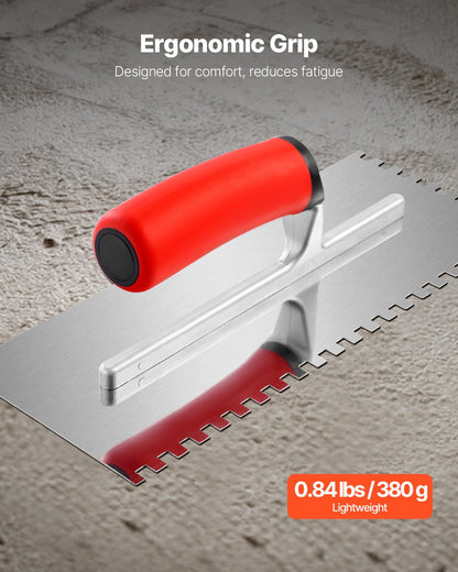 Tile Tools, Stainless Steel Squared Notch Tile and Flooring Trowel, 10.9 x 4.4 in Pro Grade Drywall Tool, Ergonomic Rubber Grip Comfort Handle, for Apply, Spread, Flatten, Smooth, Polish