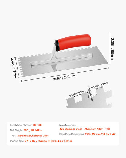 Tile Tools, Stainless Steel Squared Notch Tile and Flooring Trowel, 10.9 x 4.4 in Pro Grade Drywall Tool, Ergonomic Rubber Grip Comfort Handle, for Apply, Spread, Flatten, Smooth, Polish