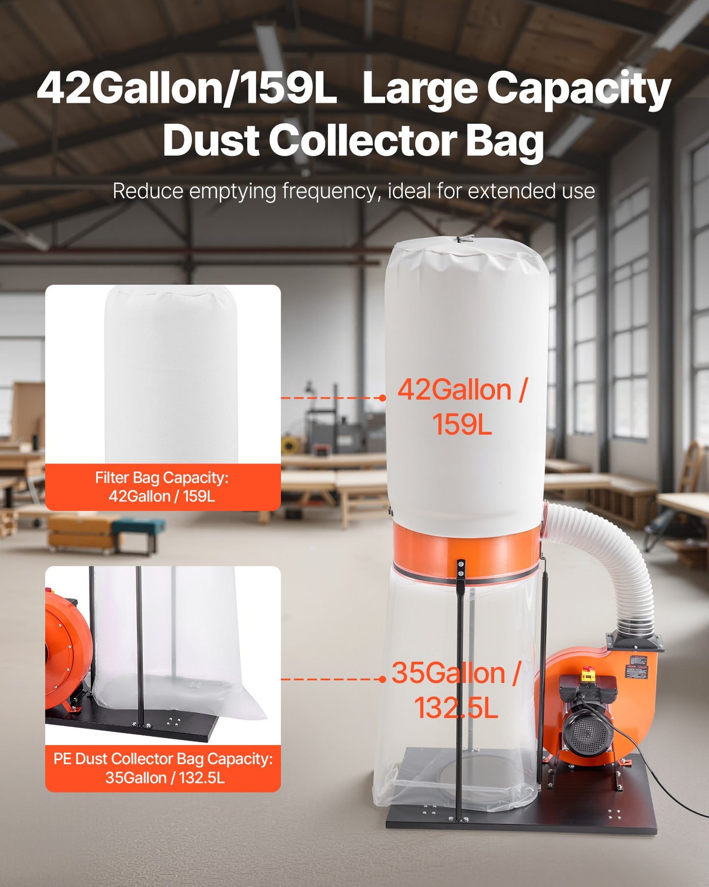 Dust Collector, 1100 CFM 2.5 Micron Vortex Cone Dust Collectors, 1.5HP Sawdust Collection System with 35-Gallon Dusts Collector Bag & 42-Gallon Filter Bag, 3400 RPM High Speed, for Woodworking