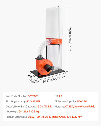 Dust Collector, 1100 CFM 2.5 Micron Vortex Cone Dust Collectors, 1.5HP Sawdust Collection System with 35-Gallon Dusts Collector Bag & 42-Gallon Filter Bag, 3400 RPM High Speed, for Woodworking