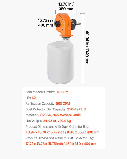 Dust Collector, Wall Mount Dust Collector 1 HP, 560 CFM Woodworking Dusts Collectors with 2.5 Micron Collectors Bag, Dusts Collection System for Woodworking/Workshop, Industrial Factories
