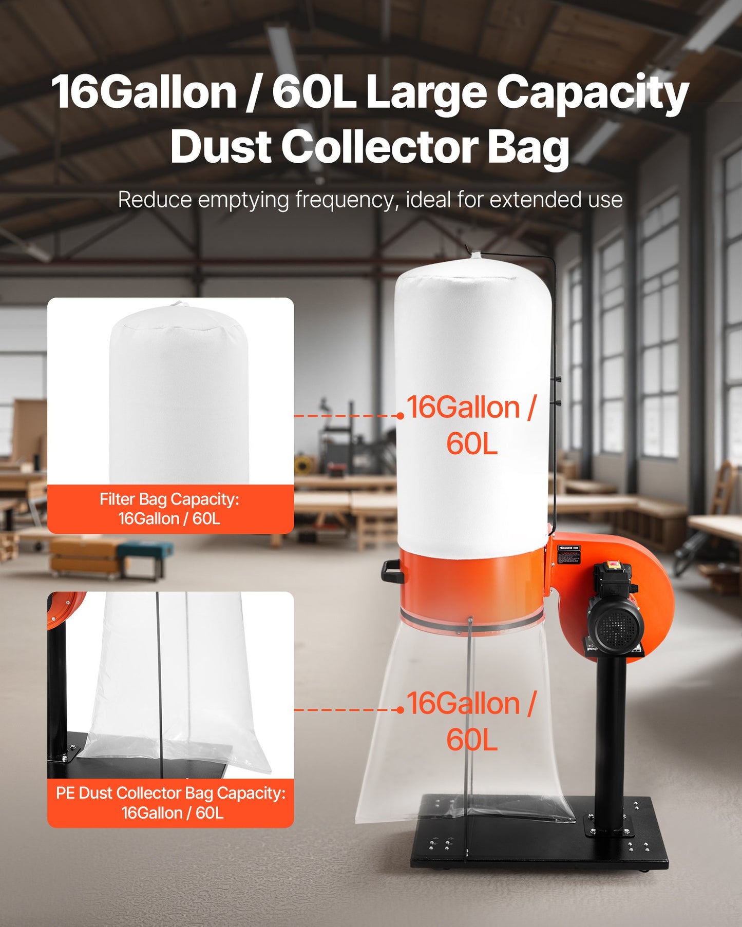Dust Collector, 800 CFM 2.5 Micron Vortex Cone Dust Collectors, 1HP Sawdust Collection System with 16-Gallon Large Capacity Dusts Collector Bag, Filter Bag, and Casters, 3400 RPM High Speed