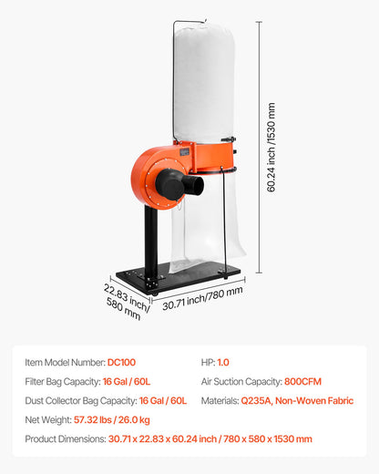 Dust Collector, 800 CFM 2.5 Micron Vortex Cone Dust Collectors, 1HP Sawdust Collection System with 16-Gallon Large Capacity Dusts Collector Bag, Filter Bag, and Casters, 3400 RPM High Speed