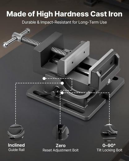 Tilting Vise, 4.25 Inch Jaw Width, Portable Drill Press Bench Vise, 0–90° Adjustable Tilt, Durable Cast Iron Construction, Workbench Vice for Woodworking, for Benchtops and Drill Presses, Black