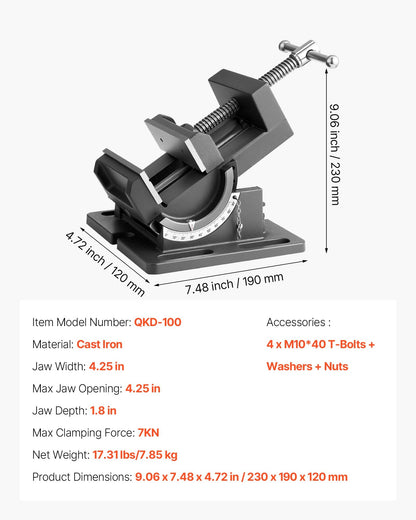 Tilting Vise, 4.25 Inch Jaw Width, Portable Drill Press Bench Vise, 0–90° Adjustable Tilt, Durable Cast Iron Construction, Workbench Vice for Woodworking, for Benchtops and Drill Presses, Black
