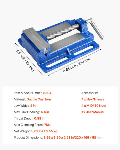 Drill Press Vise, 4 Inch Jaw Width, Portable Bench Vise, Slotted Base for Easy Installation, Durable Cast Iron Construction, Workbench Vice, for Woodworking, Metalworking, Drilling, and Cutting