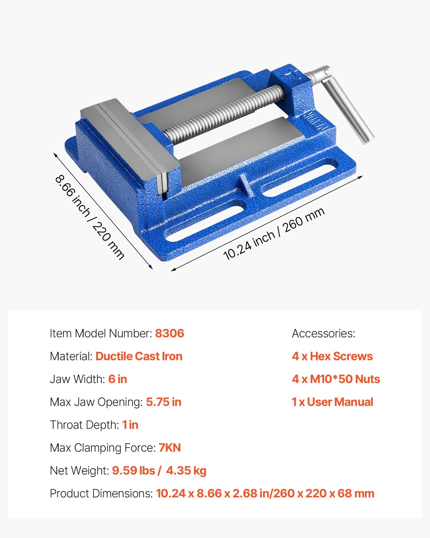 Drill Press Vise, 6 Inch Jaw Width, Portable Bench Vise, Slotted Base for Easy Installation, Durable Cast Iron Construction, Workbench Vice, for Woodworking, Metalworking, Drilling, and Cutting