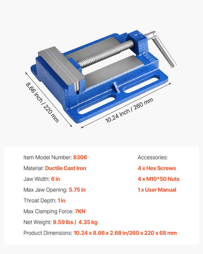 Drill Press Vise, 6 Inch Jaw Width, Portable Bench Vise, Slotted Base for Easy Installation, Durable Cast Iron Construction, Workbench Vice, for Woodworking, Metalworking, Drilling, and Cutting