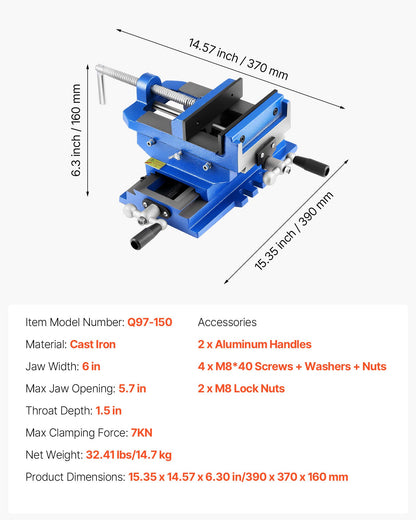 Cross Slide Drill Press Vise, 6 Inch Jaw Width, 2 Way X-Y Axis Bench Vise, 5.7 Inch Max Jaw Opening, Heavy Duty Cast Iron, Workbench Vice Clamp, for Woodworking Drilling CNC Milling Machine