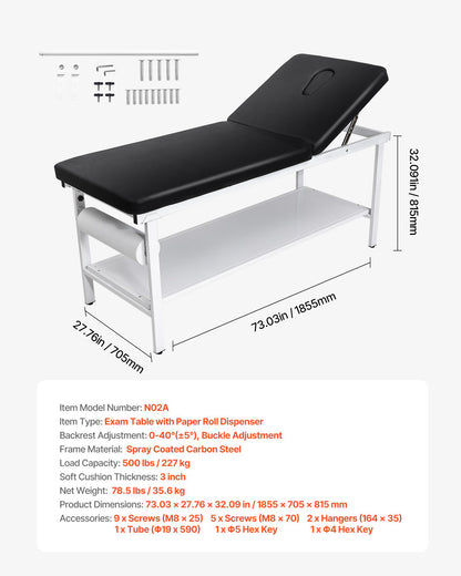 Medical Exam Table, 500LBS Loading Medical Examination Bed with 0°–40° Adjustable Backrest, Physical Therapy Exam Table with Storage Shelf & Paper Roll Dispenser for Hospital Clinic Rehab Center