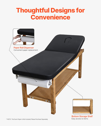 Medical Exam Table, Wooden Framed Medical Examination Bed, Physical Therapy Exam Table with Adjustable Backrest, Storage Shelf & Paper Roll Dispenser for Hospitals Clinics Rehab Centers, 500LBS