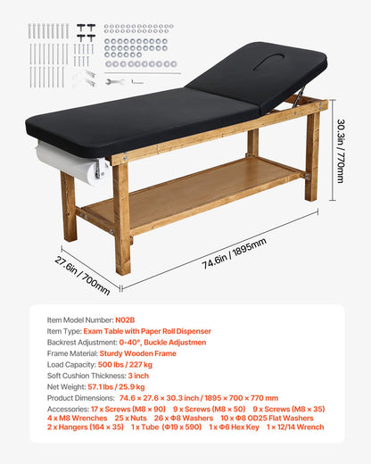 Medical Exam Table, Wooden Framed Medical Examination Bed, Physical Therapy Exam Table with Adjustable Backrest, Storage Shelf & Paper Roll Dispenser for Hospitals Clinics Rehab Centers, 500LBS