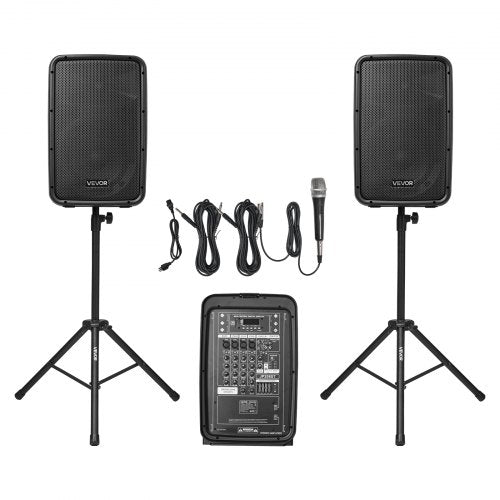 Portable PA System, 300W Powered, Sound System Set with 8 Channel Mixer, Dual Speakers, Wireless Bluetooth, Microphone, Compact Stands, USB SD XLR RCA Inputs, Remote Control, for DJs Events
