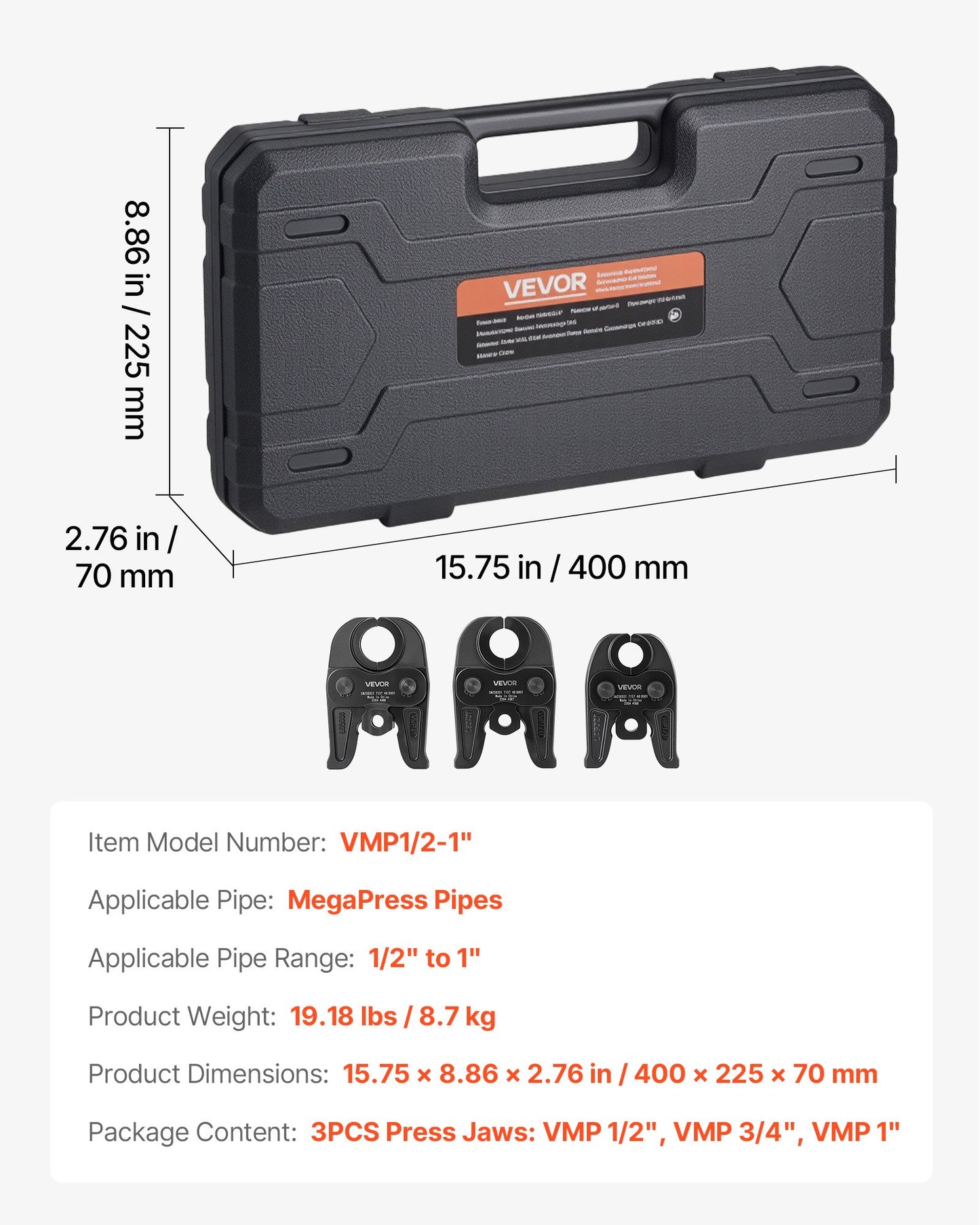 MegaPress Jaws, 3PCS Pressing Jaws 1/2", 3/4" & 1" for MegaPress Carbon Steel Pipes, Compatible with Standard Press Tools, Includes Carrying Case