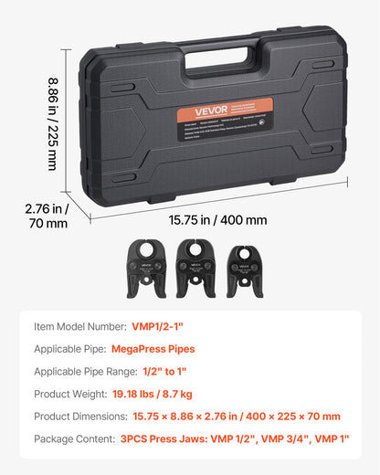 MegaPress Jaws, 3PCS Pressing Jaws 1/2", 3/4" & 1" for MegaPress Carbon Steel Pipes, Compatible with Standard Press Tools, Includes Carrying Case