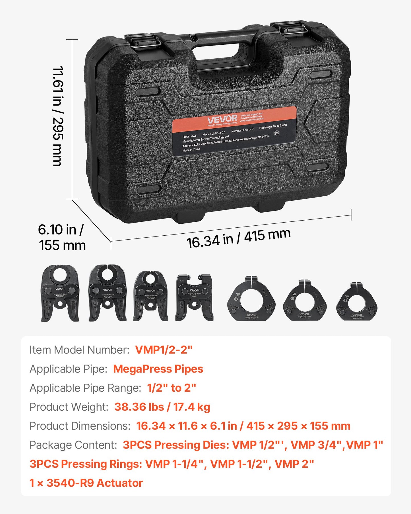 7PCS MegaPress Pressing Kit 1/2" to 2" - 3PCS Press Jaws, 3PCS Press Rings, 1PCS Actuator for MegaPress Carbon Steel Pipes, Compatible with Standard Press Tools - with Case