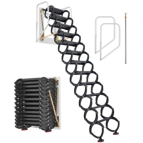 Attic Ladder Wall-Mounted, 660LBS/299.4KG Capacity, Fits 9.5 to 10 ft Ceiling Height, 12-Step Steel Folding Stairs with Handrails, Pull Down Attic Ladders for Attics, Garages, Roofs, Basements