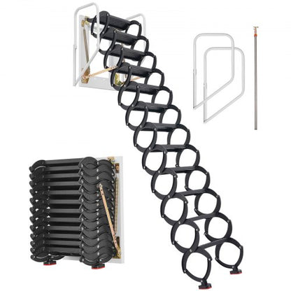 Attic Ladder Wall-Mounted, 660LBS/299.4KG Capacity, Fits 9.5 to 10 ft Ceiling Height, 12-Step Steel Folding Stairs with Handrails, Pull Down Attic Ladders for Attics, Garages, Roofs, Basements