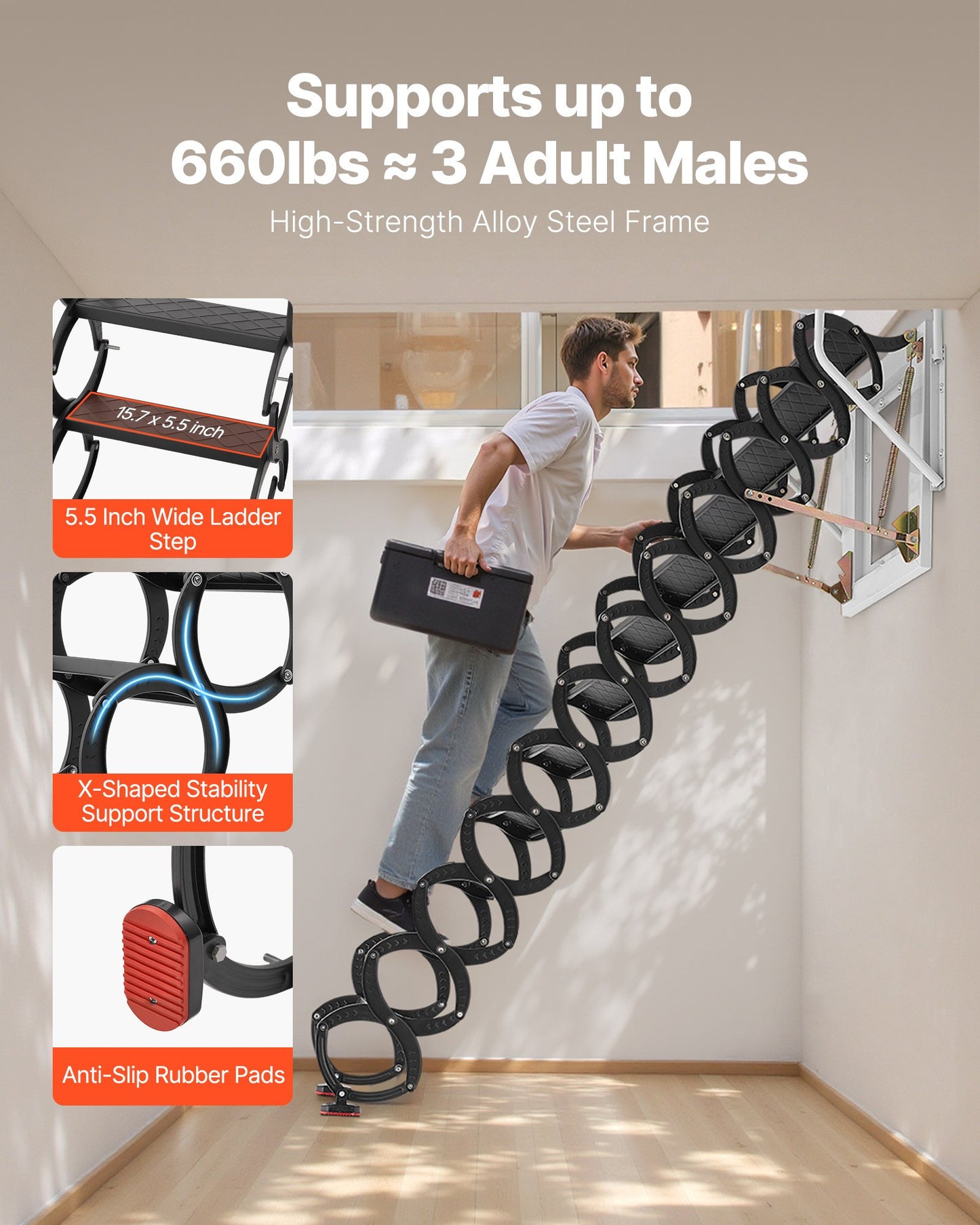 Attic Ladder Wall-Mounted, 660LBS/299.4KG Capacity, Fits 9.5 to 10 ft Ceiling Height, 12-Step Steel Folding Stairs with Handrails, Pull Down Attic Ladders for Attics, Garages, Roofs, Basements