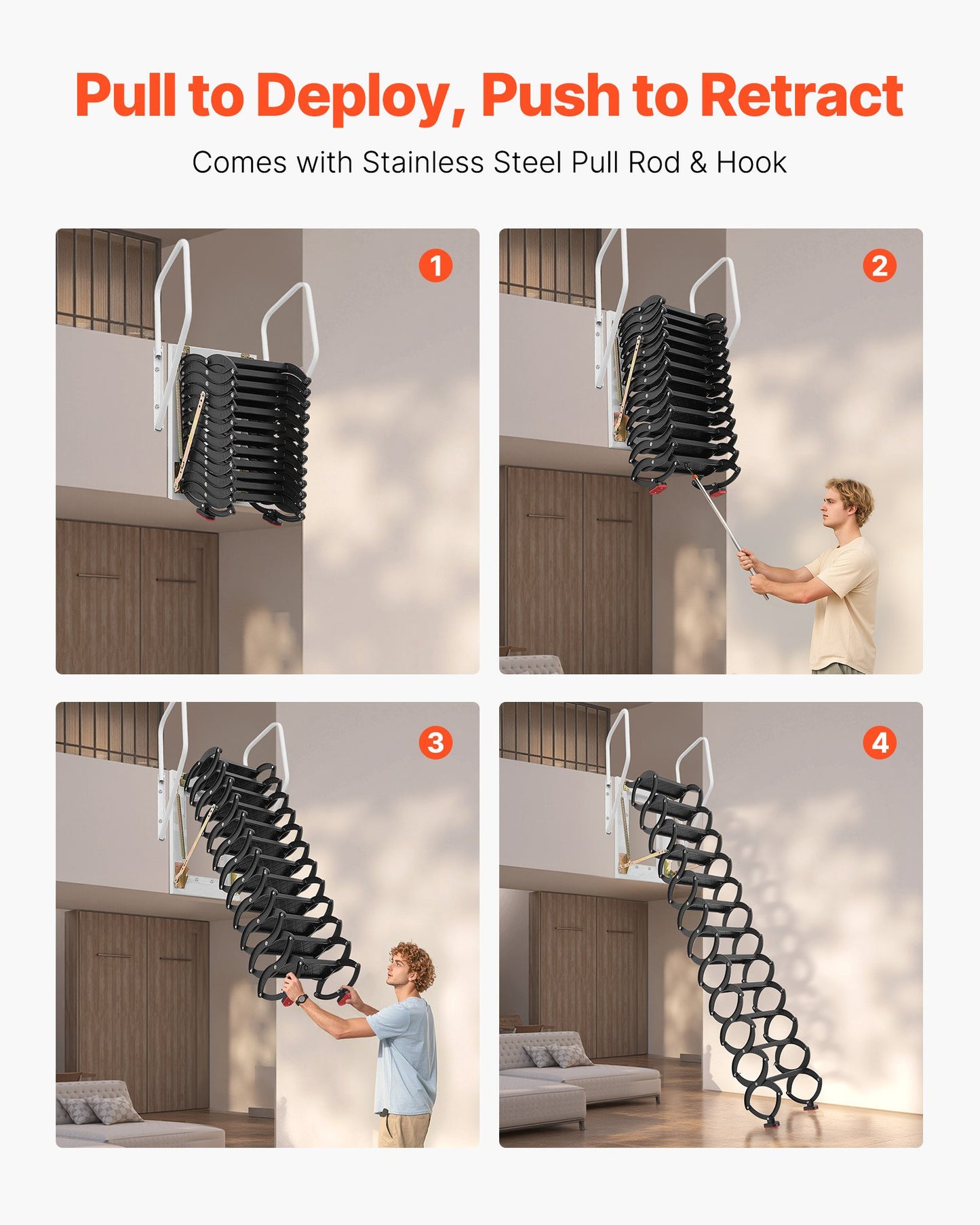 Attic Ladder Wall-Mounted, 660LBS/299.4KG Capacity, Fits 9.5 to 10 ft Ceiling Height, 12-Step Steel Folding Stairs with Handrails, Pull Down Attic Ladders for Attics, Garages, Roofs, Basements