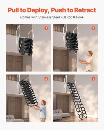 Attic Ladder Wall-Mounted, 660LBS/299.4KG Capacity, Fits 9.5 to 10 ft Ceiling Height, 12-Step Steel Folding Stairs with Handrails, Pull Down Attic Ladders for Attics, Garages, Roofs, Basements