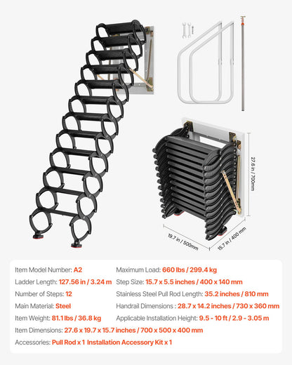 Attic Ladder Wall-Mounted, 660LBS/299.4KG Capacity, Fits 9.5 to 10 ft Ceiling Height, 12-Step Steel Folding Stairs with Handrails, Pull Down Attic Ladders for Attics, Garages, Roofs, Basements