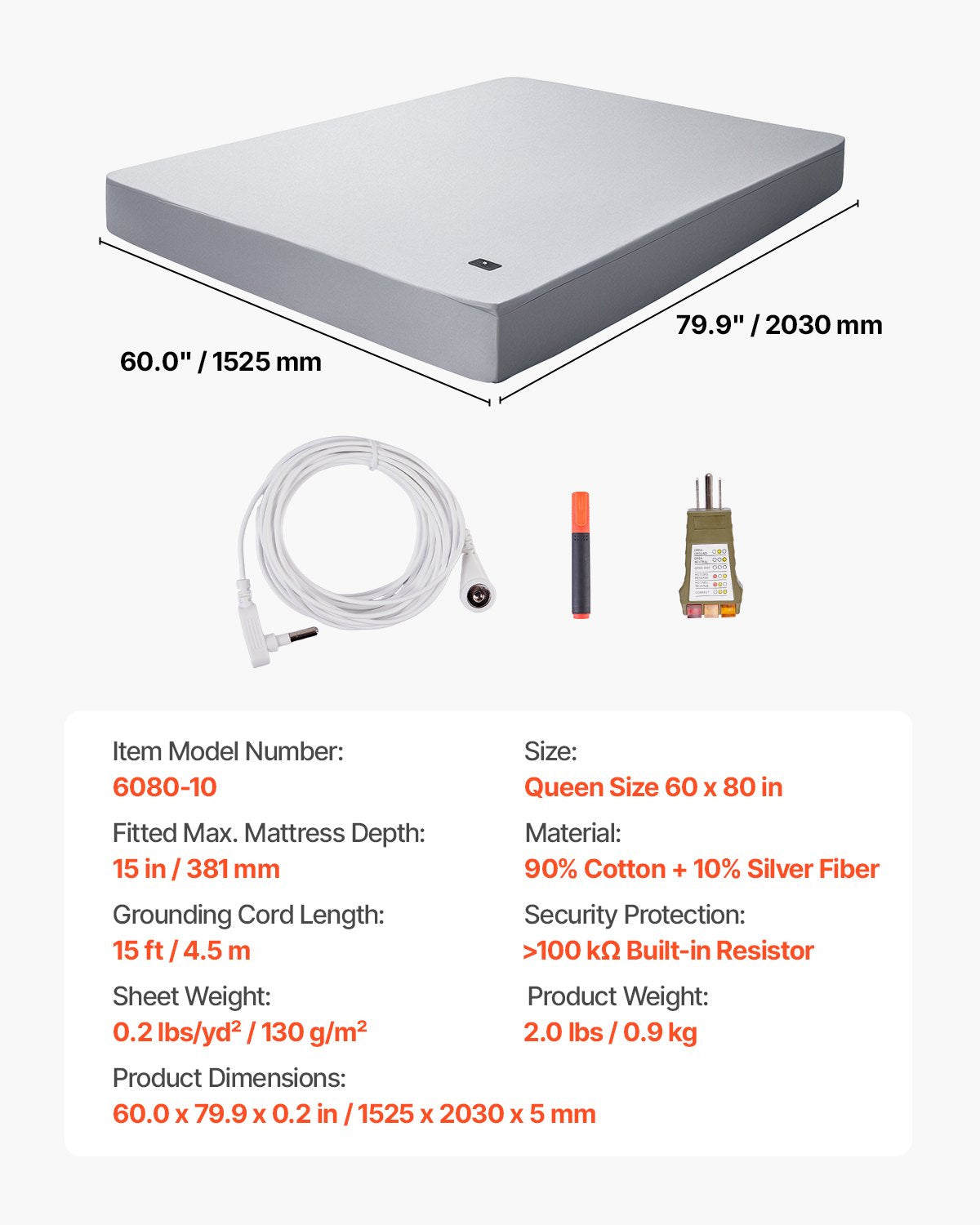 Grounding Sheets, Queen Size, 90% Cotton + 10% Pure Silver Fiber, Earth Grounded Fitted Bed Sheets, with Grounding Cord & Tester, for Improved Sleep & Wellness (Gray, Queen - 60 x 80 x 15 in)