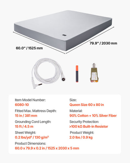 Grounding Sheets, Queen Size, 90% Cotton + 10% Pure Silver Fiber, Earth Grounded Fitted Bed Sheets, with Grounding Cord & Tester, for Improved Sleep & Wellness (Gray, Queen - 60 x 80 x 15 in)