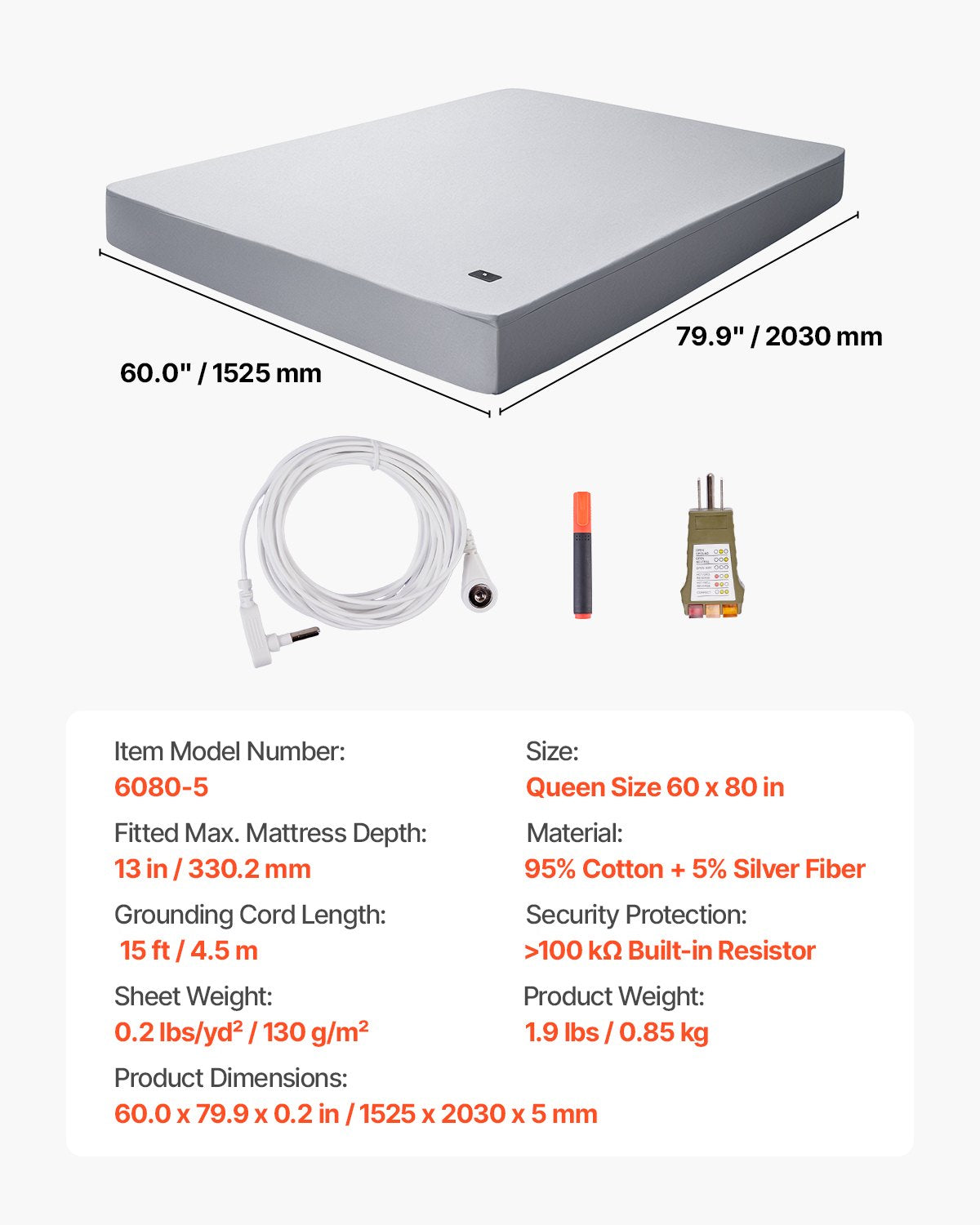 Grounding Sheets, Queen Size, 95% Cotton + 5% Pure Silver Fiber, Earth Grounded Fitted Bed Sheets, with Grounding Cord & Tester, for Improved Sleep & Wellness (Gray, Queen - 60 x 80 x 13 in)