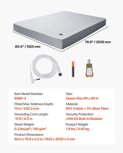 Grounding Sheets, Queen Size, 95% Cotton + 5% Pure Silver Fiber, Earth Grounded Fitted Bed Sheets, with Grounding Cord & Tester, for Improved Sleep & Wellness (Gray, Queen - 60 x 80 x 13 in)