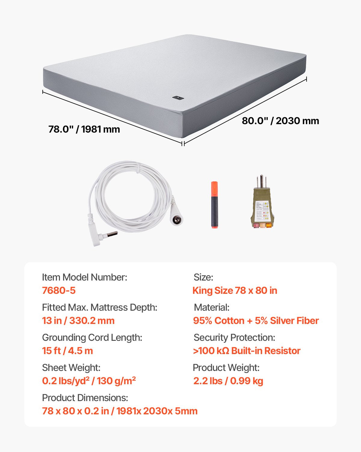 Grounding Sheets, King Size, 95% Cotton + 5% Pure Silver Fiber, Earth Grounded Fitted Bed Sheets, with Grounding Cord & Tester, for Improved Sleep & Wellness (Gray, King - 78 x 80 x 13 in)