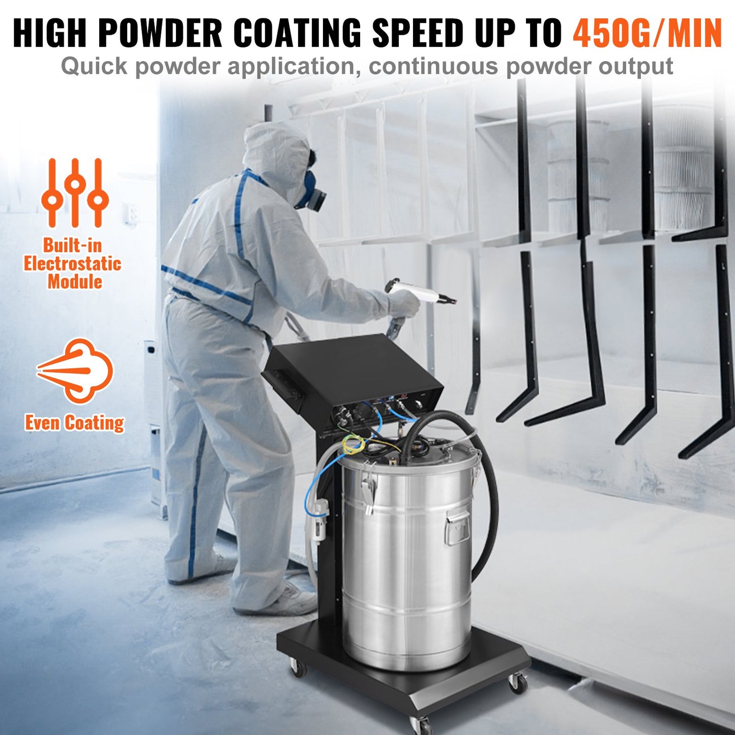 Powder Coating System, 40 W 100KV Electrostatic Output Powder Coating Kit with 50L Powder Hopper, 450g Per Minute Powder Coating Machine with Spray Gun and Trolley Base, for Indoor and Outdoor