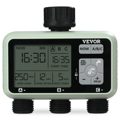 Water Timer, 3 Outlets, Hose Watering Sprinkler Timer, with 3 Independent Watering Zone LCD Display Rain Delay Mode Manual Mode 360° Brass Inlet Metal Filter, IPX6 Waterproof for Yard Watering
