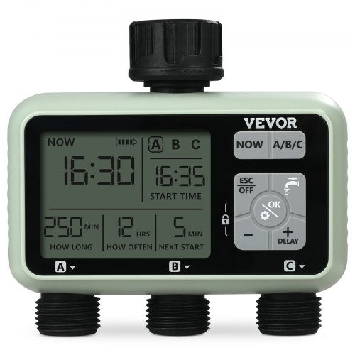 Water Timer, 3 Outlets, Hose Watering Sprinkler Timer, with 3 Independent Watering Zone LCD Display Rain Delay Mode Manual Mode 360° Brass Inlet Metal Filter, IPX6 Waterproof for Yard Watering