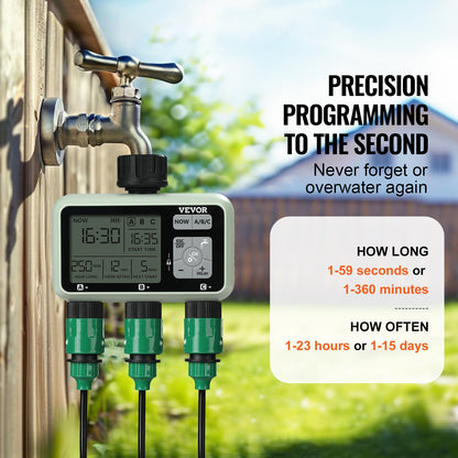 Water Timer, 3 Outlets, Hose Watering Sprinkler Timer, with 3 Independent Watering Zone LCD Display Rain Delay Mode Manual Mode 360° Brass Inlet Metal Filter, IPX6 Waterproof for Yard Watering
