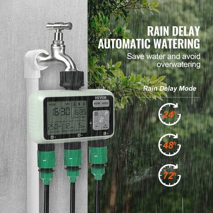 Water Timer, 3 Outlets, Hose Watering Sprinkler Timer, with 3 Independent Watering Zone LCD Display Rain Delay Mode Manual Mode 360° Brass Inlet Metal Filter, IPX6 Waterproof for Yard Watering