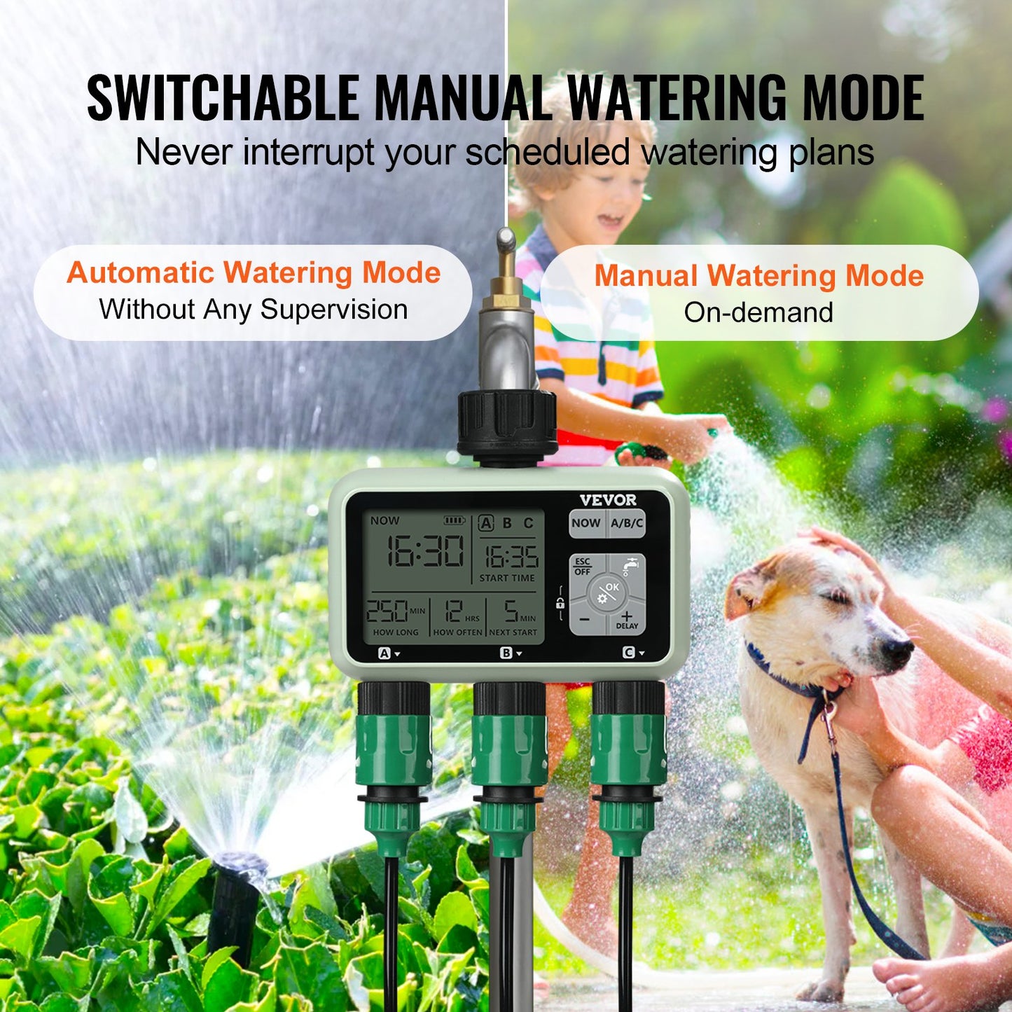 Water Timer, 3 Outlets, Hose Watering Sprinkler Timer, with 3 Independent Watering Zone LCD Display Rain Delay Mode Manual Mode 360° Brass Inlet Metal Filter, IPX6 Waterproof for Yard Watering