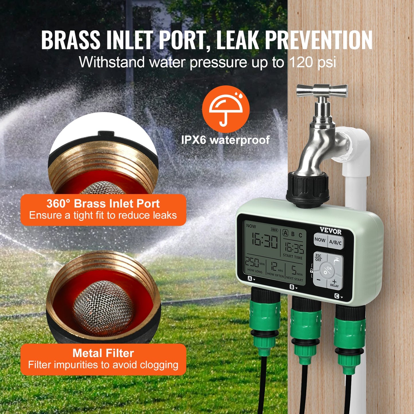 Water Timer, 3 Outlets, Hose Watering Sprinkler Timer, with 3 Independent Watering Zone LCD Display Rain Delay Mode Manual Mode 360° Brass Inlet Metal Filter, IPX6 Waterproof for Yard Watering