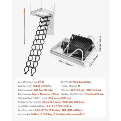 steel attic ladder, ceiling-mounted attic ladder for 2.4-2.7 meters in ceiling