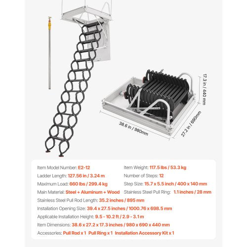 steel attic ladder, ceiling-mounted attic ladder for 2.7-3.2 meters in ceiling