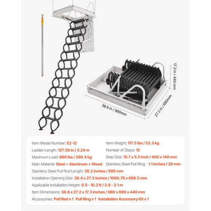 steel attic ladder, ceiling-mounted attic ladder for 2.7-3.2 meters in ceiling