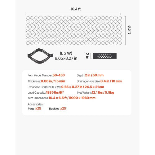 Ground Grid 2-inch Deep Geocell Grid 16.4x6.5FT / 5000x1980mm for Gravel