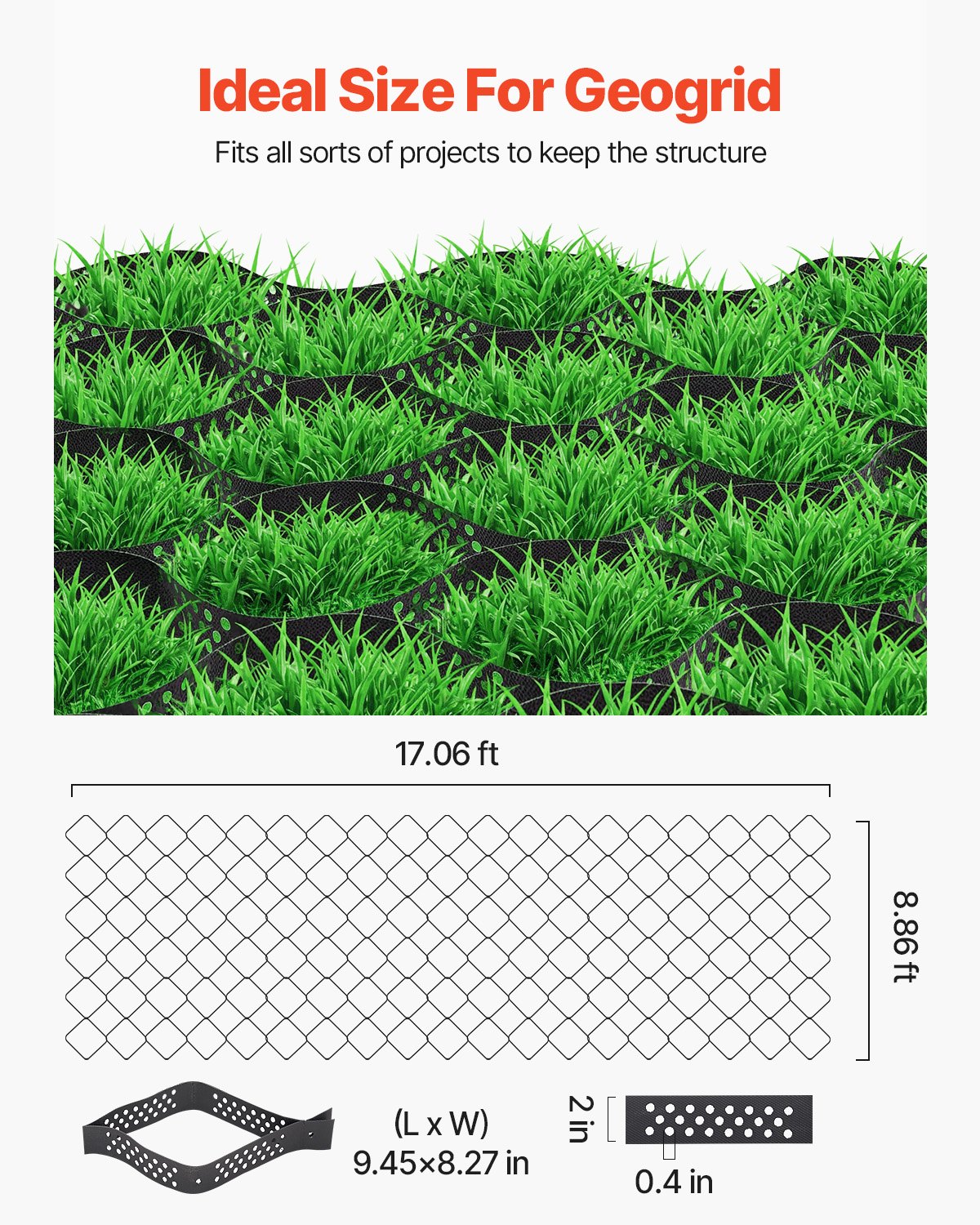 Gravel Grid, 2 Inch Depth, 17.06 x 8.86 FT / 5200 x 2700 mm, 1880 LBS Per Sq ft Grass Ground Retainer, Permeable Geo Grids Driveway Stabilization, for Garden, Patio, Walkway, RV Parking Slopes