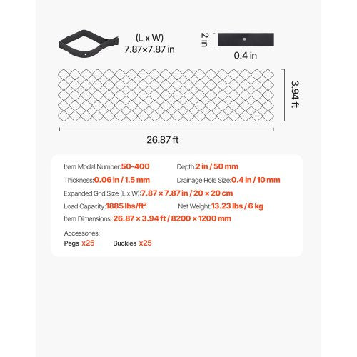 Grusgaller, 5 cm djup, 8200 x 1200 mm, 1880 kg per kvadratfot gräsmarksstöd, permeabla geogaller för uppfartsstabilisering, för trädgård, uteplats, gångväg, husbilsparkeringssluttningar |  EU