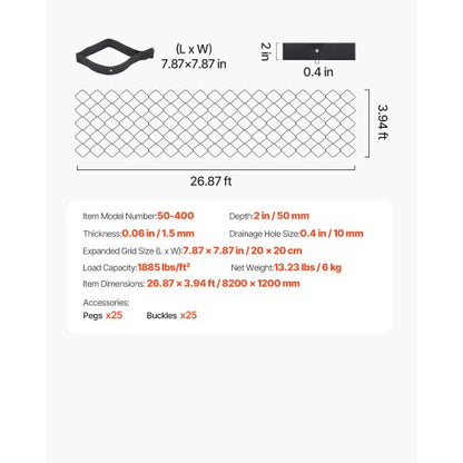 Grusgaller, 5 cm djup, 8200 x 1200 mm, 1880 kg per kvadratfot gräsmarksstöd, permeabla geogaller för uppfartsstabilisering, för trädgård, uteplats, gångväg, husbilsparkeringssluttningar |  EU