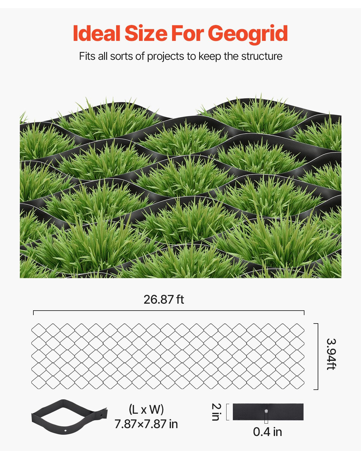 Gravel Grid, 2 Inch Depth, 26.87 x 3.94 FT / 8200 x 1200 mm, 1880 LBS Per Sq ft Grass Ground Retainer, Permeable Geo Grids Driveway Stabilization, for Garden, Patio, Walkway, RV Parking Slopes