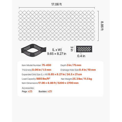 Bodengitter 3 Zoll tiefes Geozellengitter 17,06 x 8,86 Fuß / 5200 x 2700 mm für Kies