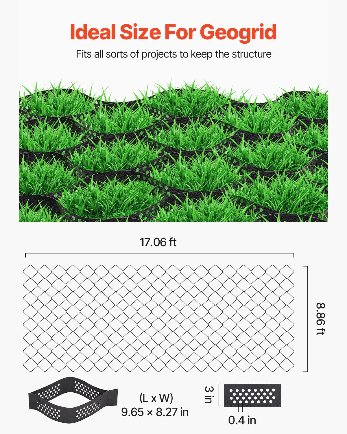 Gravel Grid, 3 Inch Depth, 17.06 x 8.86 FT / 5200 x 2700 mm, 1880 LBS Per Sq ft Grass Ground Retainer, Permeable Geo Grids Driveway Stabilization, for Garden, Patio, Walkway, RV Parking Slopes