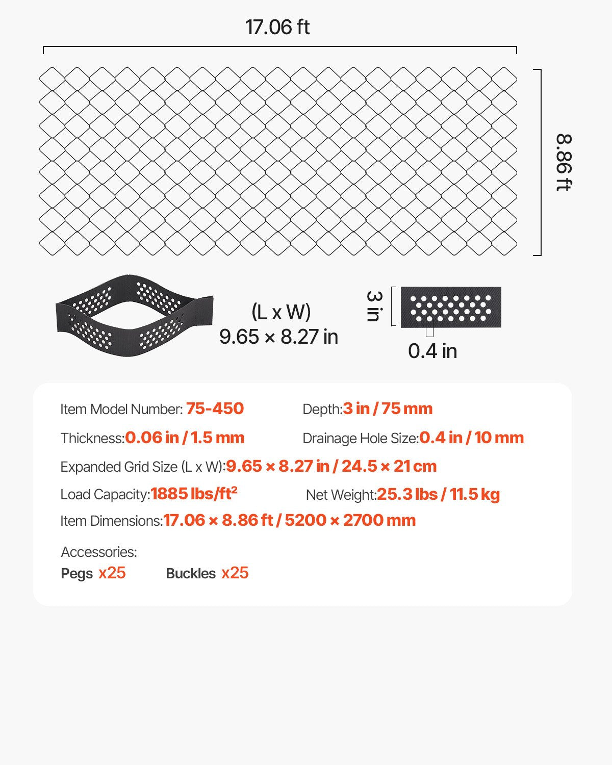 Gravel Grid, 3 Inch Depth, 17.06 x 8.86 FT / 5200 x 2700 mm, 1880 LBS Per Sq ft Grass Ground Retainer, Permeable Geo Grids Driveway Stabilization, for Garden, Patio, Walkway, RV Parking Slopes